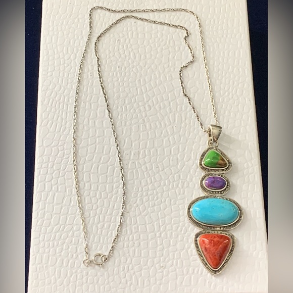Designer NF 925 Sterling Silver Multicolor Stone Pendant  Necklace - 18” - Picture 4 of 13